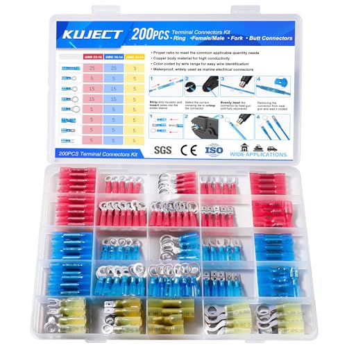 Kuject 200PCS Heat Shrink Wire Connectors Kit, Electrical Waterproof Crimp Butt Terminals, Insulated Spade Connectors for Automotive Marine Boat Truck, Include Rings Forks Spade Butt Splices