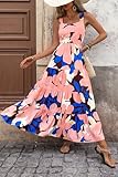 PRETTYGARDEN Women's Summer Floral Maxi Dress Sleeveless Smocked Ruffle Long Flowy Beach Vacation Boho Sundresses (Floral Coffee Pink,Small)