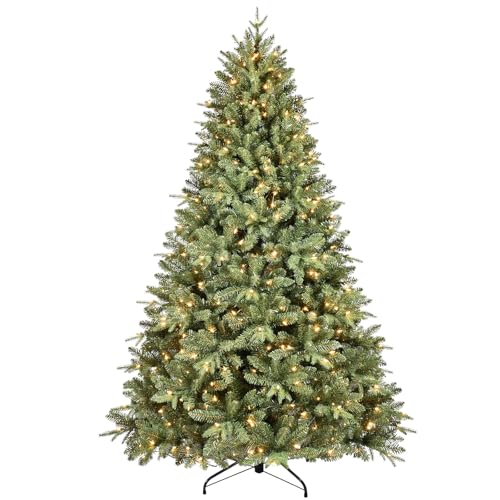 Treepool 7FT Pre-Lit Artificial Christmas Tree with 2010 PE&PVC Mixed Branch Tips, 500 Warm White Lights, Hinged Premium Spruce Fake Xmas Trees, Green, Foldable Base