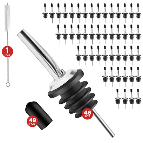 48 Pack Stainless Steel Bottle Pourers for Alcohol, Liquor, and Wine - Bar Accessories, Spouts for Bottles and Dispensers