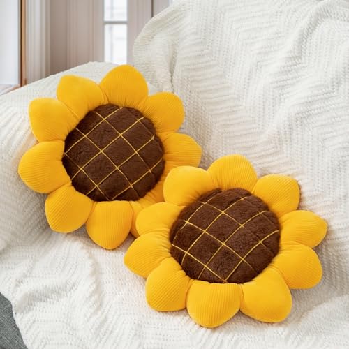 Nmkopzy 2 Pcs Sunflower Throw Pillow for Home Decor, Yellow Sunflower Shaped Pillows Flower Floor Seating Cushions Chair Pads for Bed Car Couch Chair Sofa Office (15 Inch)