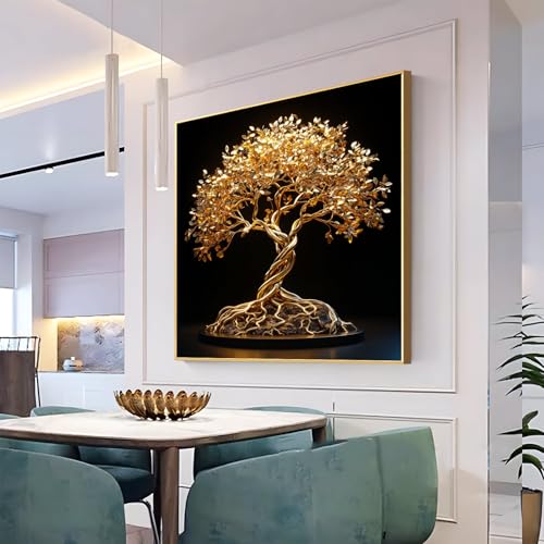 Golden Tree of Life Canvas Wall Art, Tree Canvas Print, Tree of Life Wall Art, Luxury Gold Canvas Wall Art, Family Tree Wall Decor, Modern Elegant Wall Art, Living Room Wall Decor (Gold Framed, 40"x40" | 102x102cm)