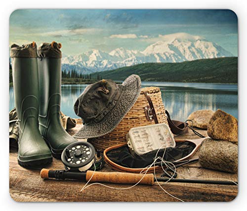 Lunarable Fishing Mouse Pad, Fly Fishing Equipment with Lake and Mountain Scene Hobby Sports Activity, Rectangle Non-Slip Rubber Mousepad, Standard Size, Blue Green