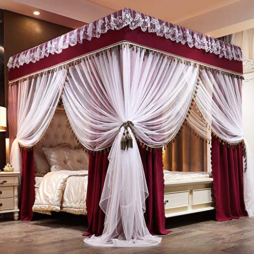 SCMTY Princess 4 Corner Post Bed Canopy & Cute Mosquito Net for Girls Bed Adult Bedroom Kids Rooms ; Curtain Net for Twin/Full/Queen/King Size Bed (Solid-Wine Red, Queen)