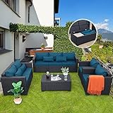 Rattaner Patio Furniture Set 5 Pieces Outdoor Furniture Sets Patio Couch Outdoor Chairs Coffee Table Peacock Blue Anti-Slip Cushions and Waterproof Covers