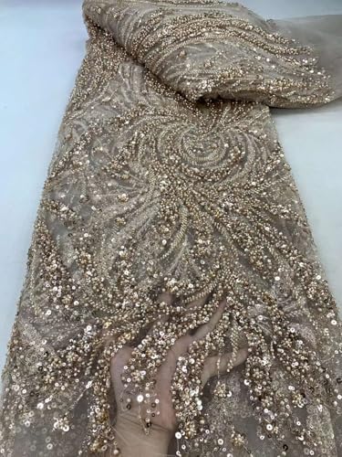 French Lace Fabric Elegant African Embroidery Sequins Beaded Tulle Lace for Evening Dresses (5 Yards,Champagne)