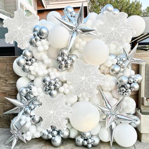 Metallic Silver and White Balloon Arch 128Pcs Winter Wonderland Snowflake Balloon Arch Perfect for Christmas Decor Snowman Birthday Parties, New Year,Princess Party, and Snowflake Party Decorations
