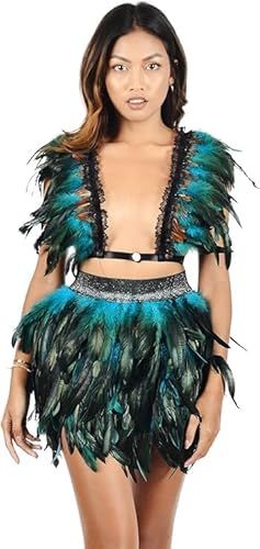Women Sexy 2 Piece Feather Skirt Sets See-Through Hollow Out Feather Top Bodycon Mini Skirt Set Party Skirt Set (Turkish, M/L)