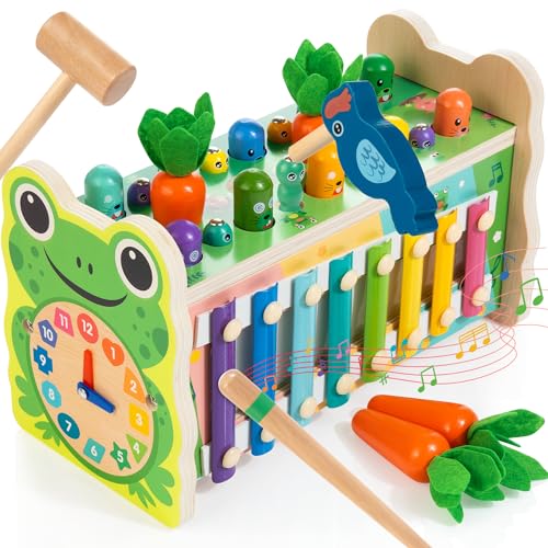 Amtreen 6-IN-1 Wooden Montessori Toys for 1 Year Old, Mole-Tapping Game | Play the Xylophone | Frog Clock | Carrot Harvest Game | Spinning Gear, Toddler Toys Aged 1-4, Baby Toy Gift for Early Learning