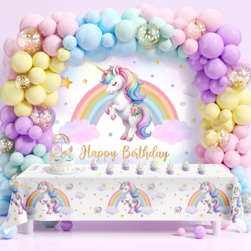 Lopeastar 16Ft Unicorn Birthday Decorations for Girls Balloon Arch Kit, Decoracion De Cumpleaños Para Niña Pastel Rainbow Balloons Arch Backdrop Tablecloth Cake Topper 3 4 5 Year Old Girl