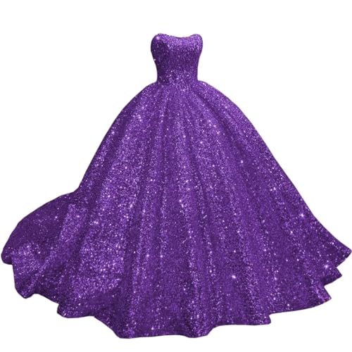 Mouccy Glitter Ruched Strapless Quinceanera Dresses Ball Gown Puffy Purple Sweet 15 16 Gowns with Pleats Rhinestone Sequin Prom Dresses 12