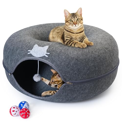 Meow Mansion Large Cat Cave Donut Bed - Cat Tunnel Bed for Large Cats up to 30lbs - 3 Toy Balls & Hanging Ball Included - Scratch Resistant, Detachable and Cleanable Cat Donut Bed