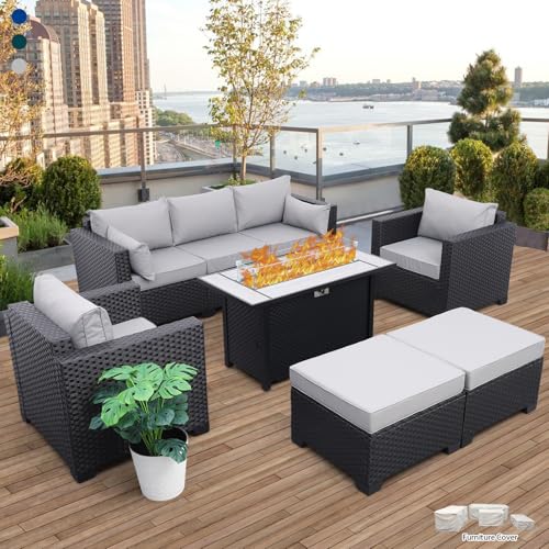 Patio Furniture Set 45 In Outdoor Fire Pits 6 Pieces Outdoor Patio Furniture 60000 BTU Outdoor Propane Fire Pit Table Patio Sofa Outdoor Chairs Anti-slip Cushions Waterproof Covers, Light Grey