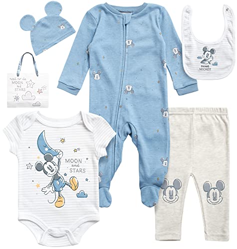 Disney Newborn Baby Boys Girls 7 Piece Layette Gift Set: Mickey Mouse, Winnie the Pooh & Minnie Mouse, 0-6M, Size 3-6M, Mickey Blue/Heather Grey