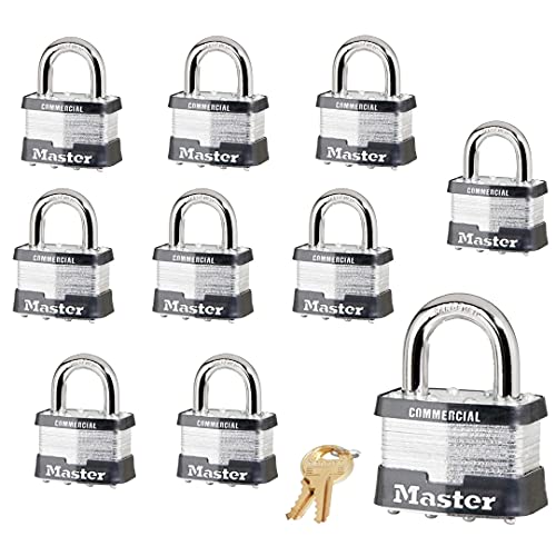 Master Lock Padlock - 2" W Body x 1" L Shackle, Ten (10) Keyed Alike Locks 5 NKA-10 w/Bump Stop Technology