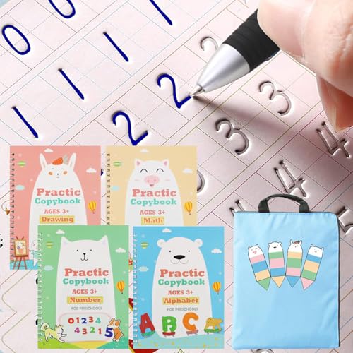 Upgraded Large Size Magic Practice Writing Copybook for Kids, Reusable for Kids, Reusable Copybook Preschool for Kids Age 3-8 ​Calligraphy(4 Books with Pens)-Blue Bag