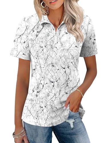 LOMON Womens Golf Polo Shirt Collared Short Sleeve T Shirts Golf Outfits Athletic Tennis Sport Summer Pink Tshirts (Black Floral Printed,X-Large)