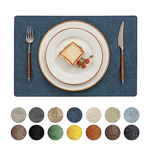 Romanstile Vinyl Placemats Set of 8-12 X 18 Inch - Heat Resistant Place Mats 100% Waterproof Oilproof Wipeable Reversible Faux Leather Table Mats for Kitchen/Dining/Party/Outdoor, Navy Blue