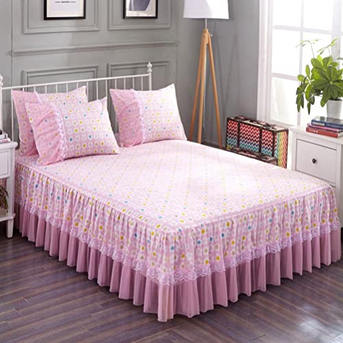 JDIUCDGV Tulle Lace Trimmed Elastic Pleated 3pcs Bed Skirt Korean Style Princess Bedspread Bed Sheet and 2 Pillowcases Sets Wrinkle Fade Resistant Bedskirt