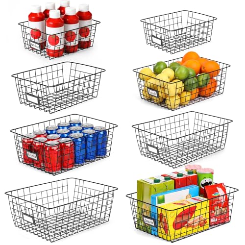 8 Set, Extra Large Wire Baskets for Organizing with Lables, Cabinet Pantry Organization and Storage Bins - Metal Basket for Kitchen, Laundry, Garage, Fridge, Bathroom Countertop Organizer, Black