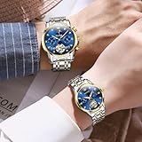 OLEVS Valentines Couple Pair Automatic Watches His and Her Couple Set Diamond Blue Wrist Watch Men Women Lovers Wedding Romantic Gifts Set of 2