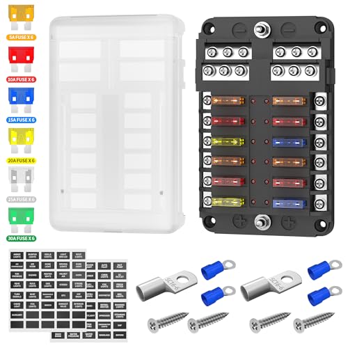 DaierTek 12 Way Fuse Block, 12 Volt Blade Fuse Block with LED Indicator 12 Circuit Fuse Box 12V ATO/ATC Marine Fuse Panel 24V with Waterproof Cover Fuse Terminals for Automotive Boat Car RV