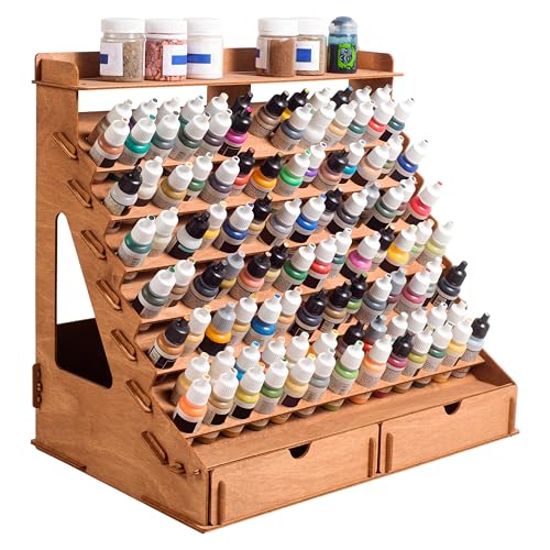 Plydolex Paint Organizer for 105 Paint Bottles and 14 Brushes - Paint Holder with 6 Miniature Stands - Paint and Brush Storage for Miniature Paints