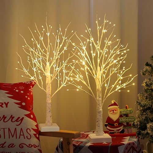 2 Pack 144 LED Artificial Tree Lamp with Timer, DIY Birch Tree with LED Lights, Lighted up Tree Lamp USB/Battery Powered, Fairy Light Spirit Tree for Table Home Bedroom Christmas (Warm White)