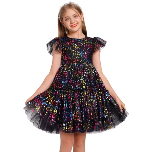 Toddler Girl Birthday Dress Shiny Rainbow Star Tulle Dresses Girls Flutter Sleeve Sequin Star Glitters Princess Tutu Dress Formal Party Sparkly Tulle Dresses Black Stars 9-10 Years