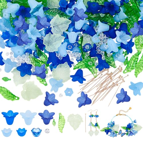 NBEADS About 417 Pcs Acrylic Assorted Beads Kit, 300 Pcs Acrylic Flower and Leaf Beads 87 Pcs Round Glass Beads 30 Pcs Brass Ball Pins Jewelry Making Supplies Kit for Earring Bracelets Jewelry Making