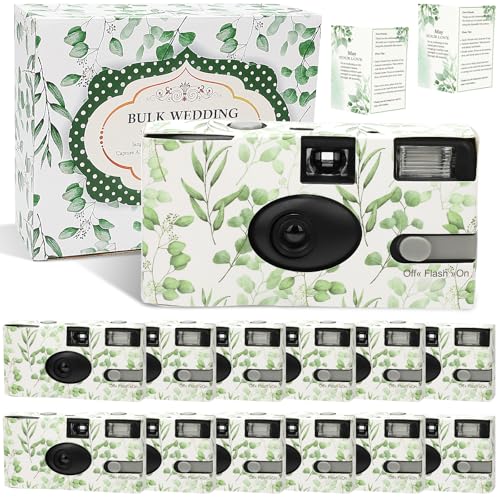 12 Pack Disposable Cameras for Wedding Bulk, Watercolor Eucalyptus Single-Use One Time Film Cameras with Flash for Birthday Baby Shower Gathering Wedding 35mm lSO 400 Color Film 17 Exposures