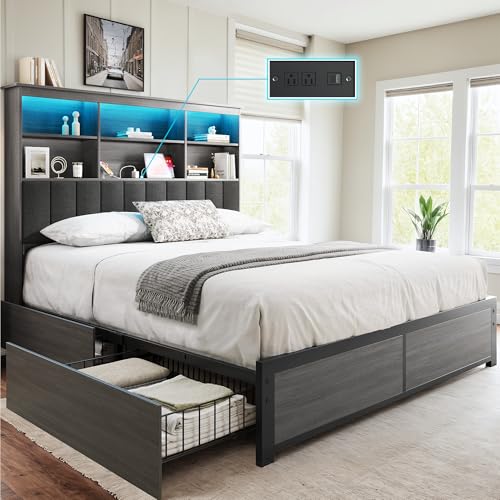 HISOFT Queen Bed Frame with Storage Headboard, Wood Bed with High Storage Bookcase, 4 Drawers & LED & Charging Station,No Box Spring Needed/Noise Free/All-Metal Support, Rustic Grey