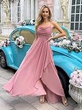 PUXIU Dusty Purple Bridesmaid Dresses with Slit for Women 2024 Scoop Neck Ruched Chiffon Spaghetti Straps Beach Maid of Honor Dress for Wedding Floor Length Formal Dress US6