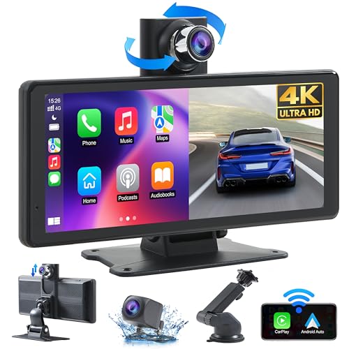 Wireless Car Stereo Carplay Screen with 4K Dash Cam, 8.1'' Portable 2K Touch Screen with 1080P Backup Camera, GPS Navigation for Car Play, Android Auto, Voice Control, Mirror Link, DVR, Bluetooth