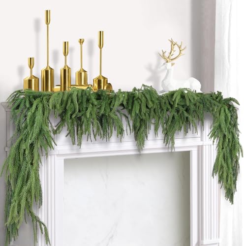 2 Pcs Christmas Norfolk Pine Garlands, Real Touch Pine Garland, Artificial Greenery Garland for Christmas Table Wall Fireplace Mantle Outdoor Decoration, 6 FT