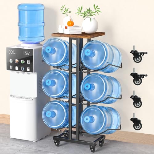 5 Gallon Water Jug Holder ,3 Tier Foldable Heavy Duty Water Jug Stand Water Bottle Holder Organizer With Lockable Casters Water Dispenser Stand Rack With Removable Wood Top Shelf for 6 Bottles, Black