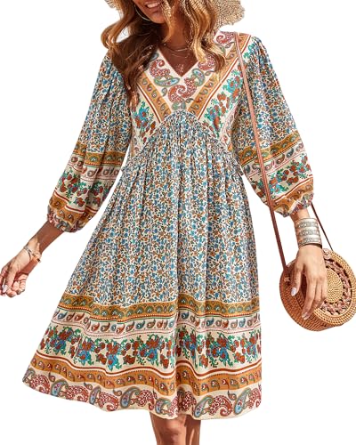 BTFBM Women Casual Spring Summer Dresses V Neck 3/4 Long Sleeve Ruffle Floral Flowy Boho Babydoll Mini Beach Dress(Floral Brown Apricot, Large)