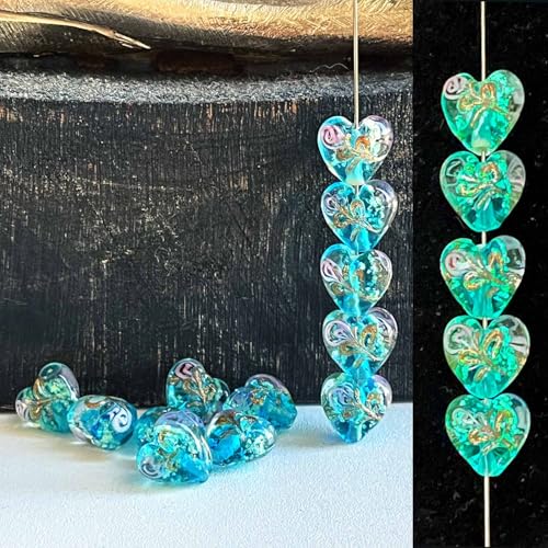 Artsy Crafts 12 Pcs Heart Shaped Glow in The Dark Firefly Beads 12mm European Lampwork Luminous Glass Beads for Jewelry Making Charm Bracelet Necklace Earrings Crafts (Heart - Blue)