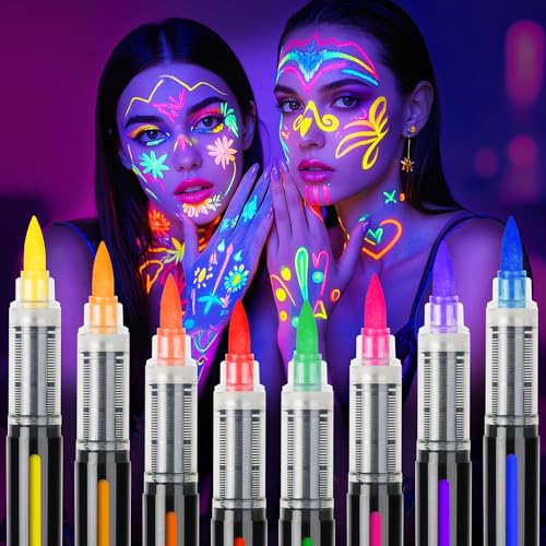 ThEast 8 Glow in the Dark Body Paint, UV Neon Face Paint Markers, Glow Face Painting Kit, Washable Tattoo Markers for Skin, Halloween Makeup for Party Favors