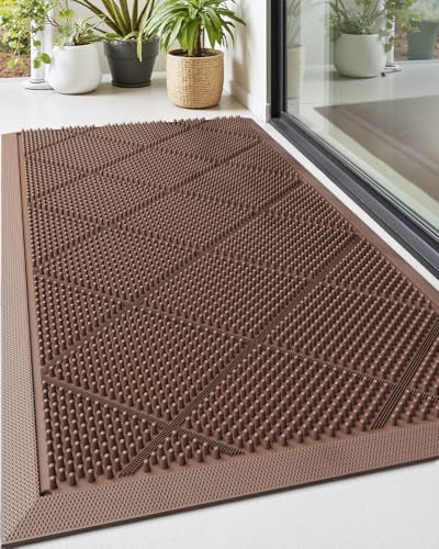 DEXI Front Door Mats Outside Entrance, 17x36 Waterproof Dirt Trapping Entry Mat for Entryway, Heavy Duty Non-Slip Low-Profile Welcome Doormat All Weather for Patio, Brown
