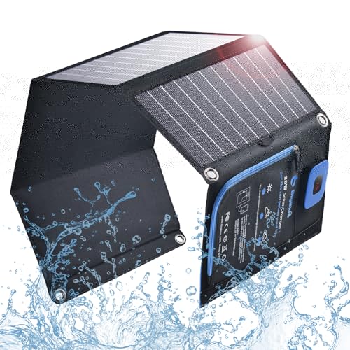 BigBlue Portable Solar Charger 28W with Digital Ammeter, 25.4% High-Efficiency, Dual USB Ports, Folding Waterproof Solar Panels with Carabiners for Camping, Backpacking, Phones, Tablets, Power Bank