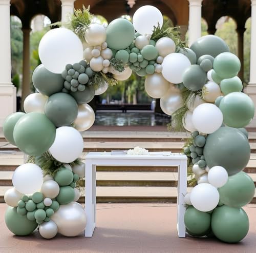 Sage Green White Balloon Garland Double Stuffed Dusty Green White Pearl Balloons Olive Pastel Balloon Arch Kit for Neutral Baby Shower Bridal Shower Birthday Baptism Party Decorations