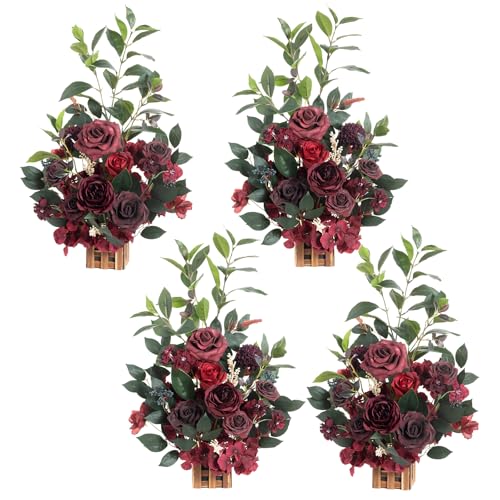 Ling's Moment 17.5" Tall Standing Artificial Flowers Arrangements 4pcs Fall Wedding Aisle Runner Chair Decorations Bordeaux Red Centerpieces for Ceremony Reception Rose Floral Party Outdoor