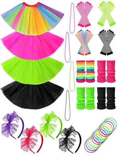Zhanmai 70 Pieces 80s Outfits for Women 80s Costumes Set Tutu Skirt Necklace Bracelet Earrings Fishnet Gloves Legwarmers Headbands (Rose, Black, Green, Rainbow)