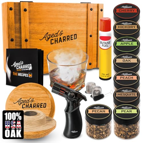 Whiskey Cocktail Smoker Kit with Torch & 8 Flavors Wood Chips - Premium USA Oak Smoker - Old Fashioned Smoker Kit - Bourbon Gifts for Men (with Butane)