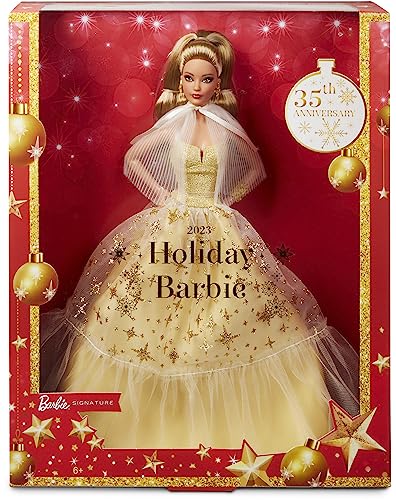 Barbie Signature 2023 Holiday Doll, Light Brown Hair Wearing Golden Gown, Collectible with Doll Stand & Certificate of Authenticity