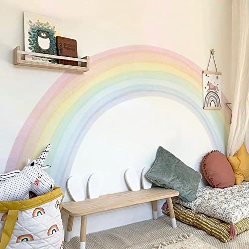 funlife Vinyl Large Rainbow Wall Mural Stickers Peel and Stick, Precut Giant Pastel Watercolor Rainbow Wall Decals for Girls Bedroom Kids Nursery Room Playroom, 94.49" x 55.12"