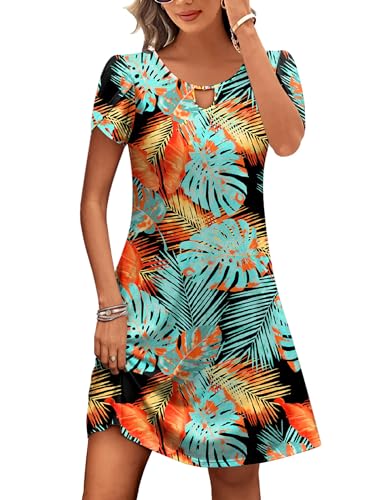 HOTOUCH Casual Dress with Pockets Sundresses for Women Vacation Dress Short Sleeve Tropical Dresses for Women Tunic Dresses Leaf Printed Large