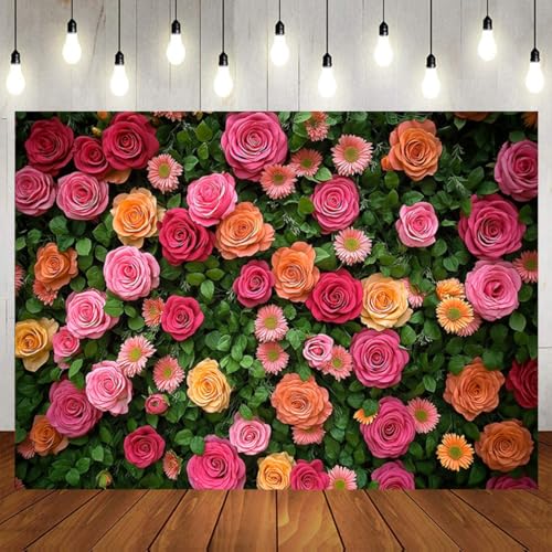 Spring Floral Backdrop Greenery Wall Backdrop Pink Orange Rose Flower Photo Background for Mother's Day Wedding Birthday Bridal Shower Baby Shower Party Studio Decorations 8X6FT 049