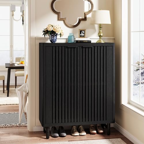 Tribesigns 6-Tier Shoe Cabinet with Louvered Doors, Large Wooden Shoe Storage Cabinet with Adjustable Shelves, Modern Freestanding Shoe Organizer Cabinet for Entryway, Hallway (Black)